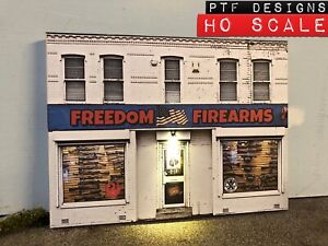 HO Scale Scratch Built "FREEDOM FIREARMS” 🇺🇸🔫 GUN SHOP Building Flat wLED