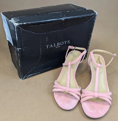 TALBOTS ROYCE T-STRAPPY WOVEN WEDGE SHELL CORAL PINK SUEDE SANDALS WOMEN 7.5M - Image 1 of 4