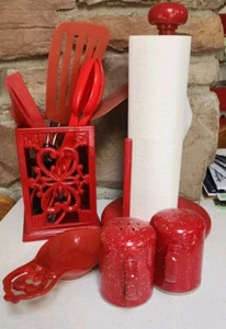 RED Cast IRON Spoon Rest Towel Holder Salt Pepper Utinsal Holder Banana 6 Piece - Picture 1 of 14