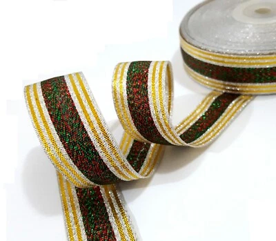 1" 25mm -32yd No Wired Silver Gold Stripes Green Red Shiny Polyester Ribbon MR33 - Image 1 of 4