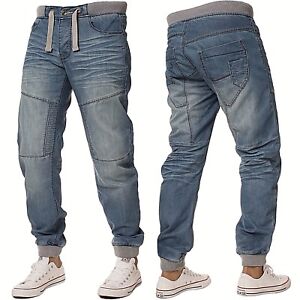 Enzo Mens Cuffed Jogger Jeans Elasticated Waist Designer Denim Pants All Sizes