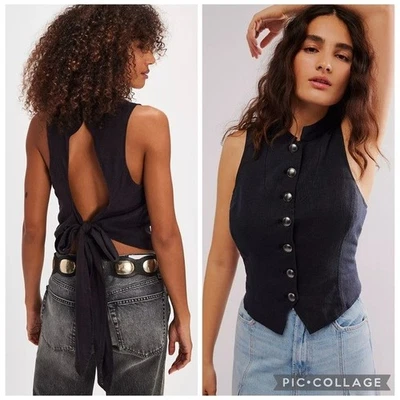 Free People back it up Linen open back Vest Black medium - Image 1 of 4