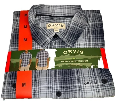 New Men's Orvis Blue Plaid Short Sleeve Button Up Tech Shirt Size Medium - Image 1 of 2