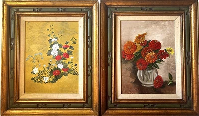 Vtg 1971 B. Pope Signed Pair Of 2 Oil Paintings-Floral-On Canvas Framed 24 x 20" - Image 1 of 4