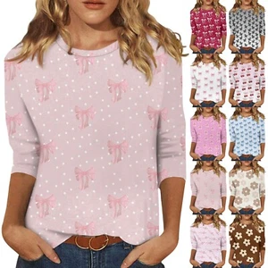 Valentines Day Shirts for Women Cute Love Heart Print T-Shirt 3/4 Length Sleeve - Picture 1 of 42