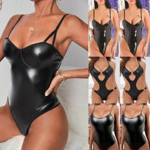 Womens Sexy Wet Look PU Leather Bodysuit Lingerie Nightwear Sleepwear Leotard US - Picture 1 of 14
