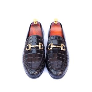 Handmade Black Crocodile Pattern Leather Moccasin Shoes, Men Loafer Shoes