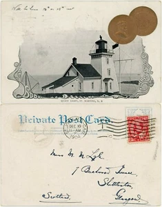 CANADÁ 1904 PPC FARO QUACO NUEVO BRUNSWICK + MONEDA 1c KE7.. USADO POR CORREO - Imagen 1 de 3