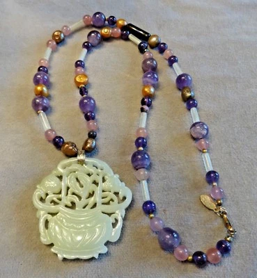 Celadon Green Jade Flower Pot Pendant~29.5" Length Gemstone Necklace`Purple/Pink - Image 1 of 3