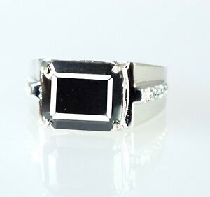  6.22 Ct Emerald Cut Black Diamond Solitaire Men's Ring With Accents