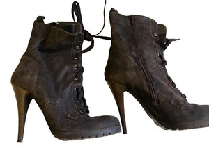 MISS SIXTY Chocolate Brown  Soft Leather High Heeled Lace Zip Ankle Boots 38 5 - Picture 1 of 14
