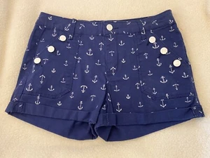 LEI TATUM Women High Rise Stretch Navy Anchor Print Cuffed Shorts Size 7 - Picture 1 of 6