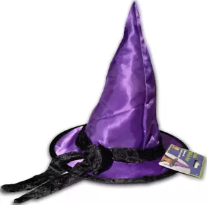 PURPLE SATIN POINTY WITCH HAT Tall Cone Cap Wicked Wizard Of Oz Costume Black - Picture 1 of 10
