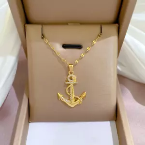 Women's Fashion Jewelry Gold Cubic Zircon Anchor Pendant Necklace 310 - Picture 1 of 6