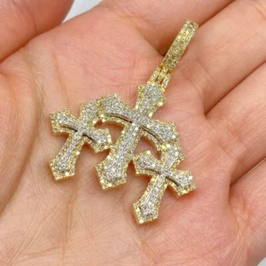 2.50 Ct Natural VVS1 Moissanite Triple Cross Pendant 14K Yellow Gold Plated - Picture 1 of 3