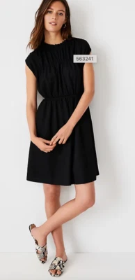 ANN TAYLOR Shirred Flare Dress Womens Medium Black Cap Sleeve New - Image 1 of 4