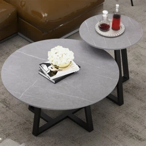 Rund Couchtisch Sofatisch Beistelltisch Satztisch Marmor Optik Tisch-Set Metall - Bild 1 von 17
