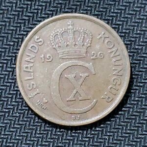 1926 ICELAND: Five (5) Aurar Coin - Christian X - HCN GJ - Bronze - KM# 7.1