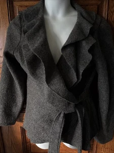 SARAH SPENCER Gray 100% Wool Ruffle Front Cardigan Wrap SWEATER, Women's Large - Picture 1 of 11