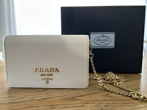Authentic Prada Saffiano Leather White Mini Bag W Gold Chain *Receipt Included - Picture 1 of 10
