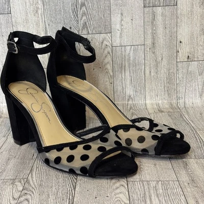 Jessica Simpson Women's 7 M Heels Malaylee Black Polka Dot Mesh Block Heel Shoes - Image 1 of 4