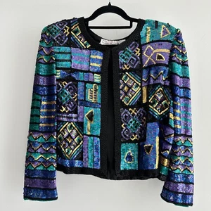 Vintage Lawrence Kazar Silk Sequin Jacket XL Disco Glam Maximalist Block Art NYE - Picture 1 of 9