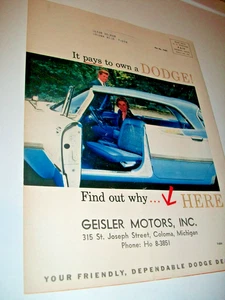 1958 Dodge Händler - Mag Car Ad - Drehsitz - Geisel Motors, Coloma MI - Bild 1 von 1