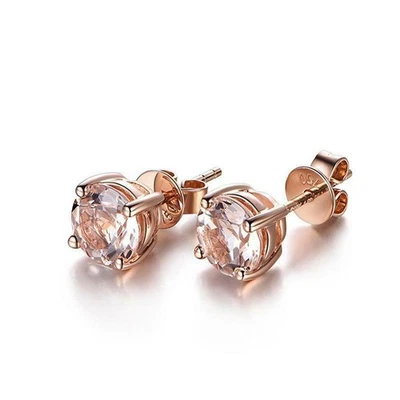 1ct Natural Morganite Diamond Solitaire Stud Earrings Women 14k Solid Rose Gold - Image 1 of 4