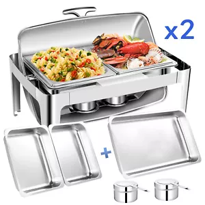 2PCS 9 QT Rectangle Roll Top Chafing Dish Buffet Set Stainless Steel Food Warmer - Picture 1 of 8