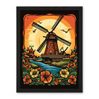 Sunrise Landscape Dutch Windmills Flowers Rockabilly 50S Framed Art Print 18X24