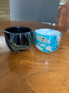 2 Phoenician Malta hand blown glass bowls, candle holder, blue, black, signed - Picture 1 of 12
