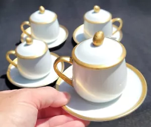 Vintage EVAN'S "Pots de Creme" CREAM CUPS w/LIDS & SAUCERS *Set of 4* White Gold - Picture 1 of 8
