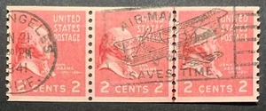 841 PREXIE COIL STRIP w LINE PAIR - 1941 CALIFORNIA AIR MAIL SLOGAN CANCEL !! - Picture 1 of 2