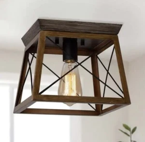 LNC A03919 1-Light Faux Wood and Black Flush Mount Light with Square Cage Shade - Picture 1 of 12