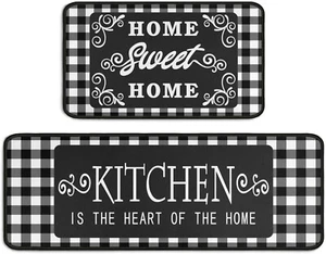 Black and White Buffalo Plaid Kitchen Decor Rugs Set 2 Piece, 17x47+17x30 Inches - Picture 1 of 6