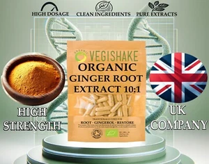 Organic Ginger Capsules Extract 10:1 Digestion Stress Bloating UK Supplements - Picture 1 of 14