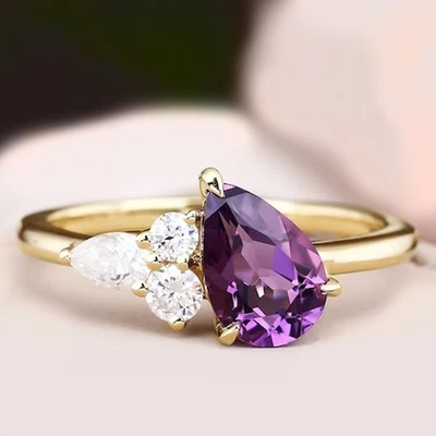 Pear Cut Simulated Purple Amethyst Pretty Wedding Ring In 14k Yellow Gold Plated - Image 1 of 4