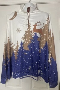 Unisex Winter Holiday Reindeer Snowflake 4 Button High Neck Pullover 3XL - Picture 1 of 6