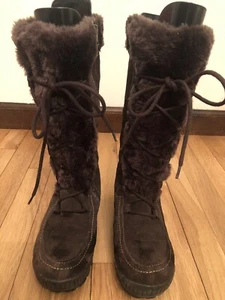 Bear Traps Dory Boots Dark Brown Suede Soft Faux Fur Zipper & Lace-up Ladies 8.5 - Picture 1 of 21