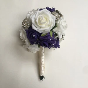 BOQUET WEDDING Flowers Cadbury Purple Ivory Brooches Satin Small Bridal - Picture 1 of 11