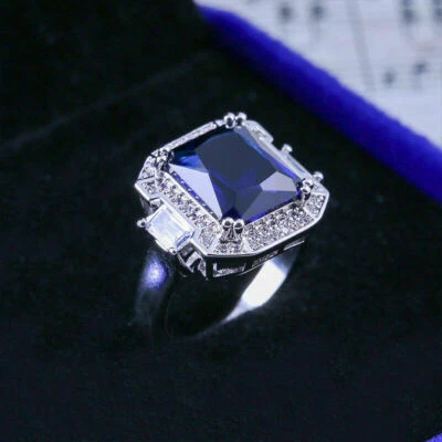2Ct Princess Cut VVS1 Blue Sapphire Engagement Ring 14K White Gold Finish - Image 1 of 4