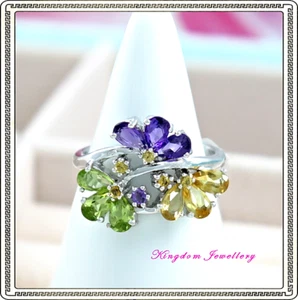 Solid 925 Sterling Silver Citrine, Peridot & Amethyst Gemstone Ring - Picture 1 of 7