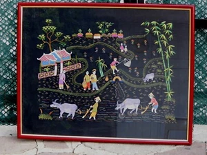 TABLEAU CHINOIS ANTIQUE RARE BRODERIE SUR TISSUS 1900 GRAND MODÈLE TBE - Picture 1 of 7