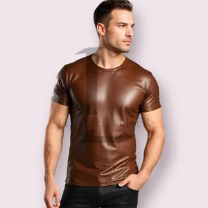 Gay Men's Brown Classic TShirt Genuine Lambskin Leather Shirt Real Leather Shirt - Picture 1 of 4