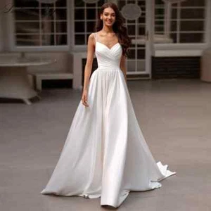 Spaghetti Straps Satin Wedding Dresses Beaded Backless Pleated Bridal Gowns New - Picture 1 of 8