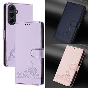 Katzenmuster Leder Geldbörse Hülle Handyhülle für Samsung A15 A05S A34 A51 A14 - Picture 1 of 18