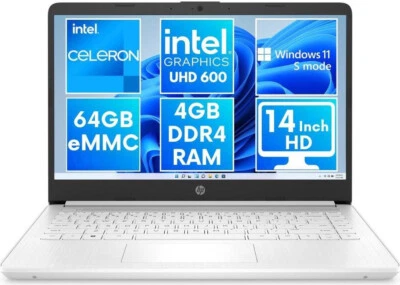HP 14" Laptop N4120 1.10GHz 4G RAM 64GB eMMC 14-in HD Display 14-DQ0052DX White - Image 1 of 4