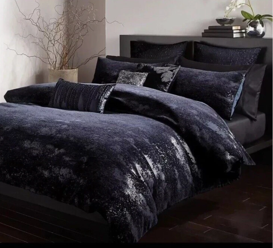 Домашний сапфировый и серебристый металлический пододеяльник Donna Karan + 2 стандартных наволочки. Новый! - Изображение 1 из 4