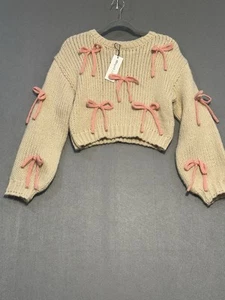 NEW Pretty Garbage Women's Sweater SM Cream Pink Bow Chunky Knit Pullover NWT - Picture 1 of 15