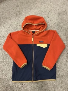 Patagonia Kids Hooded Full Zipper Fleece Jacket Small 7/8 Navy/Orange - Picture 1 of 6